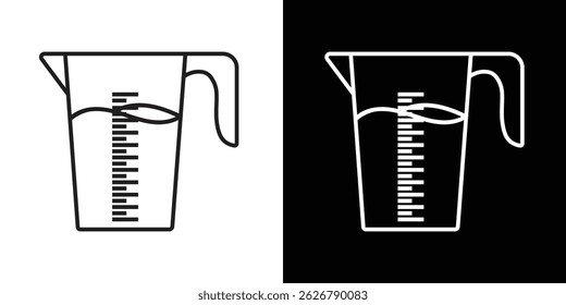 Icono de la taza de medición en blanco y negro. Ilustración vectorial minimalista adecuada para diseños relacionados con la cocina, App de recetas, marcas culinarias o materiales educativos.