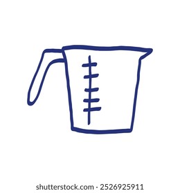 Measuring cup. Kitchenware sketch. Vector kitchen utensil. Hand drawn sketch. Blue pen or marker drawing. Primitive kids picture