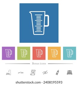 Measuring cup outline flat white icons in square backgrounds. 6 bonus icons included.
