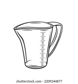 Measuring cup outline icon vector illustration. Line kitchen glass or plastic mug with scales and handle to measure powder or liquid products and cook recipe, hand drawn kitchenware tool for cooking