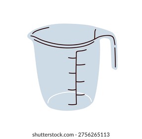 Measuring cup. Plastic jug with scale. Kitchen cooking container, liquid measurement utensil. Kitchenware tool, empty pitcher with handle. Flat vector illustration isolated on white background