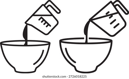 Taza medidora que vierte el líquido en el tazón de mezcla. Proceso de cocción y horneado.