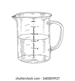 Tubo de medida, ilustración vectorial dibujada a mano retro. Herramienta para la composición precisa de los productos líquidos y a granel, para la cocina y para fines científicos, esbozar grabado en blanco.