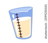 Measuring cup with scales and milk. Glass or plastic container to measure dosage, volume of liquid or bulk food ingredients. Bakery tool mascot, cup cartoon vector illustration
