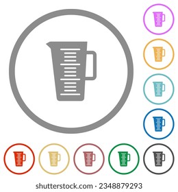 Measuring cup solid flat color icons in round outlines on white background