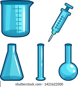Measuring cup, syringe and tubes cartoon vector isolated icon