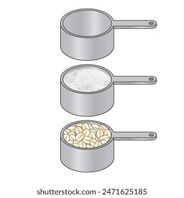 Measuring cups with ingredients: empty, flour, and oats - concept of baking and precise cooking on white