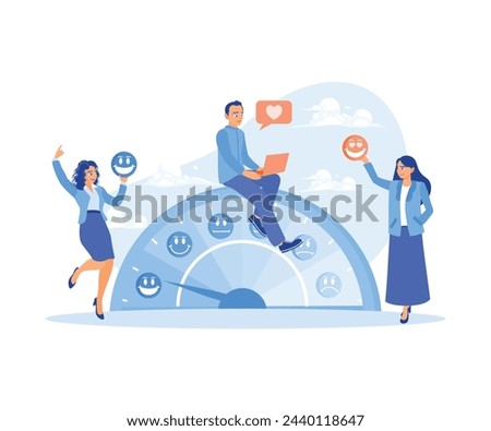 Measuring customer satisfaction with emotion icons. Consumers provide feedback about product satisfaction online. Stress concept. Flat vector illustration.