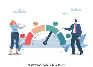  Measuring customer satisfaction scores with emotion icons, Performance ratings or user recommendations, Business man and woman checking customer feedback report. Vector design illustration.