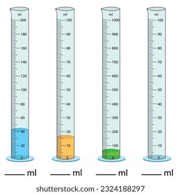  Messzylinder Vektorgrafik. Zylinder-Messvolumen-Röhrchen-Vektorglas-Chemie Messung der Bechermenge. Messaktivität. abgestufter Zylinder