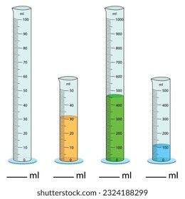  Measuring cylinder. Vector illustration. Cylinder graduated tube vector glass chemistry measuring volume. Measuring the volume of the beaker. Measuring activity. Graduated Cylinder