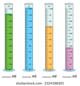  Measuring cylinder. Vector illustration. Cylinder graduated tube vector glass chemistry measuring volume. Measuring the volume of the beaker. Measuring activity. Graduated Cylinder