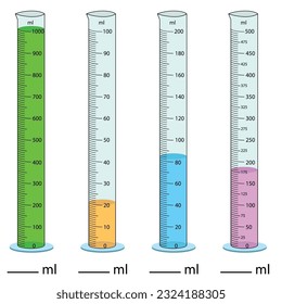  Messzylinder Vektorgrafik. Zylinder-Messvolumen-Röhrchen-Vektorglas-Chemie Messung der Bechermenge. Messaktivität. abgestufter Zylinder