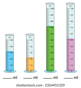  Messzylinder Vektorgrafik. Zylinder-Messvolumen-Röhrchen-Vektorglas-Chemie Messung der Bechermenge. Messaktivität. abgestufter Zylinder