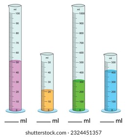  Measuring cylinder. Vector illustration. Cylinder graduated tube vector glass chemistry measuring volume. Measuring the volume of the beaker. Measuring activity. Graduated Cylinder