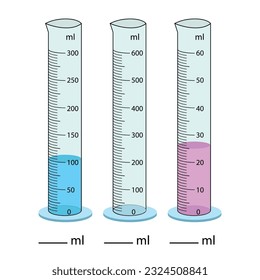  Cilindro medidor. Ilustración vectorial. Cilindros graduados de la química del vidrio vectorial del tubo vectorial volumen de medición. Medición del volumen del vaso de precipitados. Medición de la actividad. Cilindro graduado