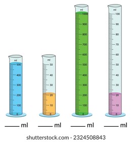  Measuring cylinder. Vector illustration. Cylinder graduated tube vector glass chemistry measuring volume. Measuring the volume of the beaker. Measuring activity. Graduated Cylinder