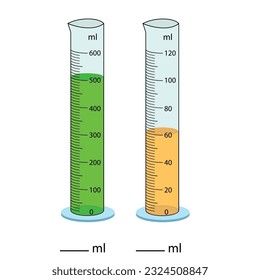  Measuring cylinder. Vector illustration. Cylinder graduated tube vector glass chemistry measuring volume. Measuring the volume of the beaker. Measuring activity. Graduated Cylinder