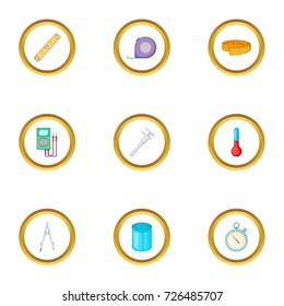 Measuring device icons set. Cartoon style set of 9 measuring device vector icons for web design