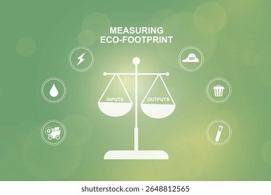 Medição do modelo infográfico de eco-footprint. Diagrama da escala de equilíbrio da sustentabilidade verde com ícones de impacto ambiental, incluindo energia, água, resíduos e emissões de carbono. Ilustração vetorial