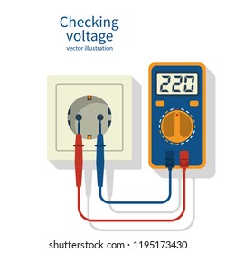 Measuring electricity in a socket using a multimeter. Digital multimeter with LCD display 220 voltage. Vector illustration flat design. Isolated on white background. Multimeter and socket.