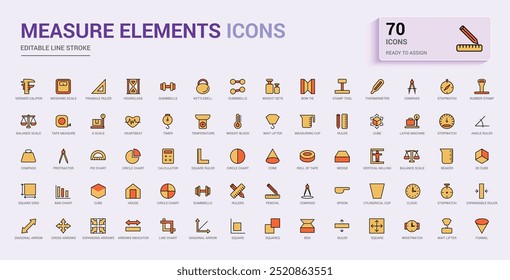 Elementos de medida ícones coloridos definidos. Pacote de ícones de linha de cores para Web e interface do usuário. Coleção de ícones de estrutura de tópicos, ilustração de vetor. Os nomes dos ícones são escritos em inglês.
