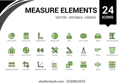 Messelemente bunte Symbole gesetzt. Farblinien-Icons Paket für Web und ui. Gliederungssymbol, Vektorgrafik. Die Symbolnamen sind auf Englisch geschrieben.