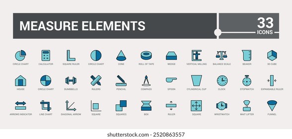Measuring elements colorful icons set. Color line icons pack for web and ui. Outline icon collection, Vector illustration. Icon names are written in English.