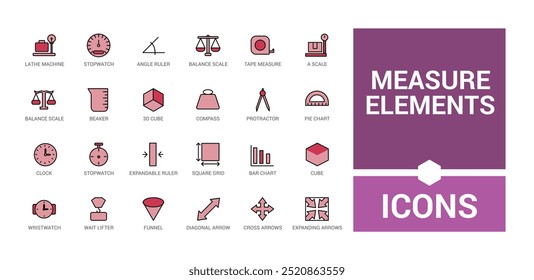 Conjunto de iconos coloridos de Elementos de medición. Paquete de iconos de línea de color para Web y ui. Icono de contorno colección, Ilustración vectorial. Los nombres de los iconos están escritos en inglés.