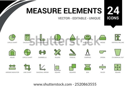 Measuring elements colorful icons set. Color line icons pack for web and ui. Outline icon collection, Vector illustration. Icon names are written in English.