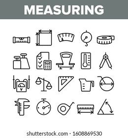 Measuring Equipment Collection Icons Set Vector Thin Line. Measuring Compass And Thermometer, Ruler And Scale, Tape Measure And Size Concept Linear Pictograms. Monochrome Contour Illustrations