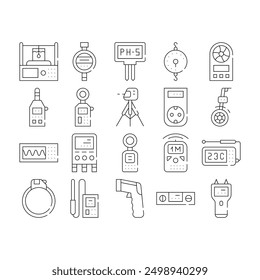 Measuring Equipment Collection Icons Set Vector. Measuring Temperature And Weight, Distance And Water Ph Gadget, Accelerometer And Planimeter Black Contour Illustrations