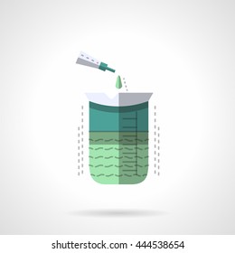 Measuring flask with green solution and pipette. Laboratory equipment. Chemical, medical and biology research. Flat color style vector icon.