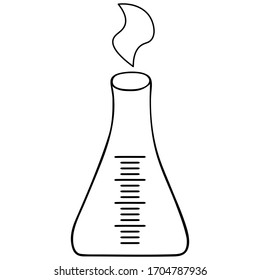 Measuring flask for reagents. Glass container for chemical research in the laboratory. Chemical vapors. Vector. Application in chemistry and medicine. Outline on an isolated background. Sketch.
