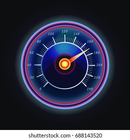 Measuring gauge with number sections and arrow for testing internet connection speed, download progress, car mile or kilometer speed indicator for dashboard or rpm counter, indicator
