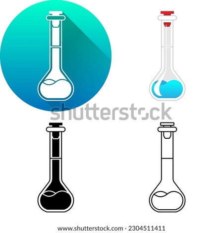 Measuring Graduated Volumetric Flask Laboratory Equipment, Set of Flat Long Shadow, Color, Black-White Silhouette, Line Art Icon Symbol Logo Isolated on White Background