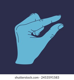 Measuring hand isolated on blue background. Human hand showing size gesture. Hand showing small amount. Vector illustration