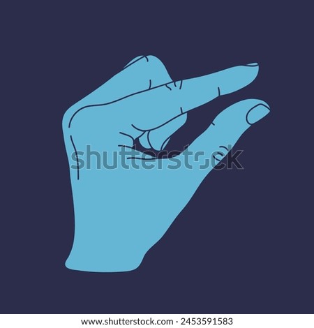 Measuring hand isolated on blue background. Human hand showing size gesture. Hand showing small amount. Vector illustration