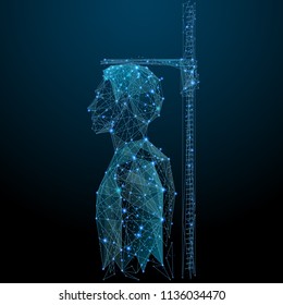 Measuring height low poly wireframe. Male on Vector polygonal image in the form of a starry sky or space, consisting of points, lines, and shapes in the form of stars with destruct shapes.