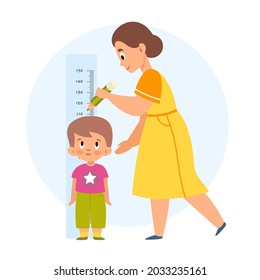 Measuring Height. Mom Helps Her Son Measure Growth, Makes Mark With Pencil, Wall-mounted Kids Meter, Little Boy Standing Straight. Human Modern Characters. Vector Isolated Concept