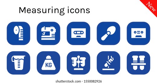 measuring icon set. 10 filled measuring icons.  Collection Of - Measuring tape, Sewing, Tape, Scoop, glass, Weight, Test tube, Test tubes icons