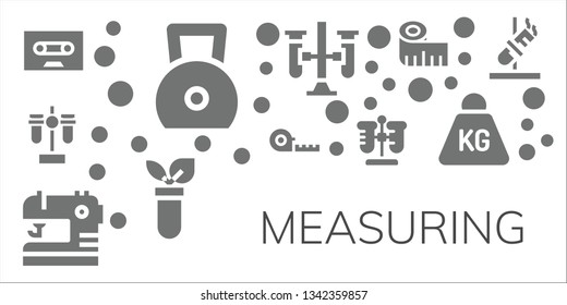 measuring icon set. 11 filled measuring icons.  Collection Of - Tape, Weight, Test tube, Measuring tape, Sewing, Test tubes