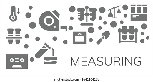 measuring icon set. 11 filled measuring icons.  Simple modern icons such as: Temperature, Measuring tape, Test tubes, Weight, Tape, Scoop, Test tube, Weights