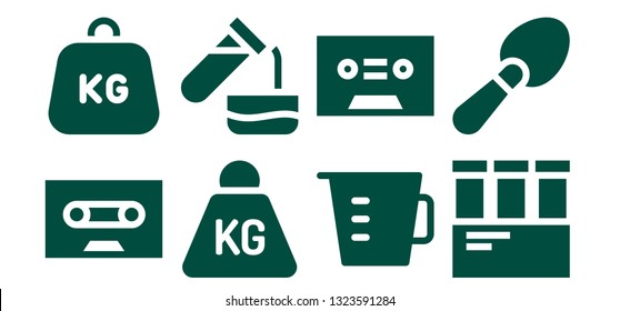 measuring icon set. 8 filled measuring icons.  Collection Of - Tape, Weight, Test tube, Measuring cup, Scoop