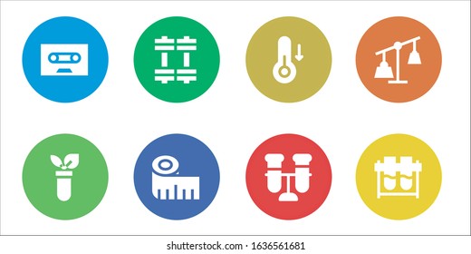 measuring icon set. 8 filled measuring icons.  Simple modern icons such as: Tape, Test tube, Weights, Measuring tape, Temperature, Test tubes