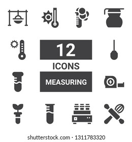 measuring icon set. Collection of 12 filled measuring icons included Cooking, Test tube, Measuring tape, Awl, Temperature, glass