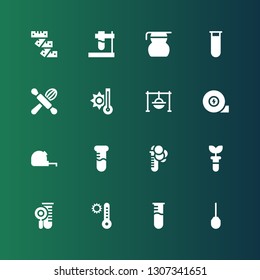 measuring icon set. Collection of 16 filled measuring icons included Awl, Test tube, Temperature, Measuring tape, Cooking, glass
