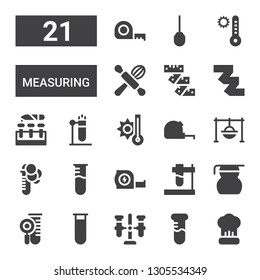 measuring icon set. Collection of 21 filled measuring icons included Cooking, Test tube, Measuring glass, tape, Temperature, Awl
