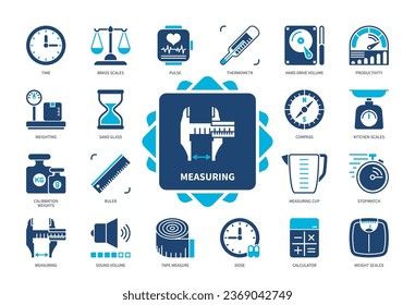 Measuring icon set. Stopwatch, Dose, Scales, Weighting, Time, Productivity, Calculator, Ruler. Duotone color solid icons