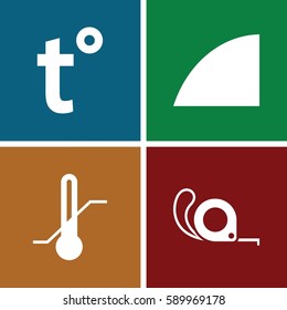 measuring icons set. Set of 4 measuring filled icons such as tape, thermometer, angle